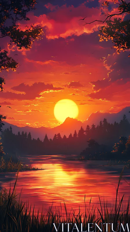 Fiery river sunset over forest silhouettes and mountains.