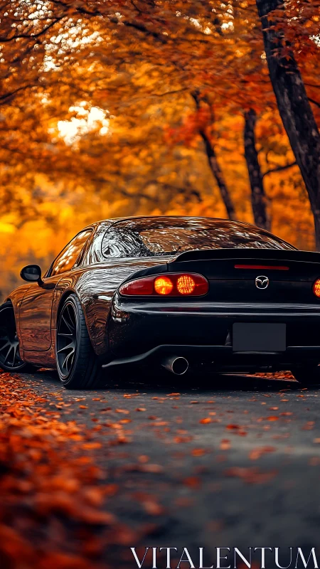 Low-slung black sports car under vivid autumn canopy.