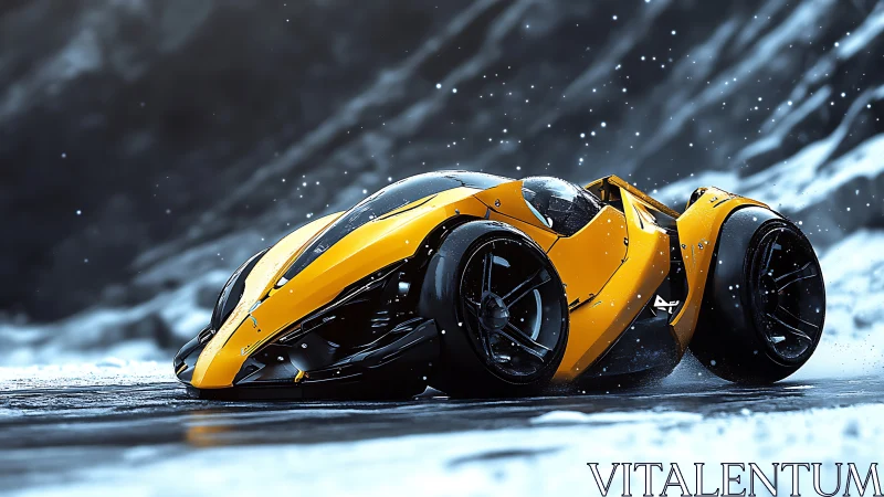 Aerodynamic yellow hypercar drifts dynamically through snowy pass