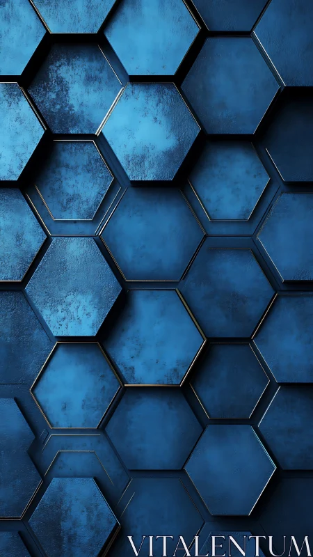Layered metallic hexagonal tiles form deep blue relief grid