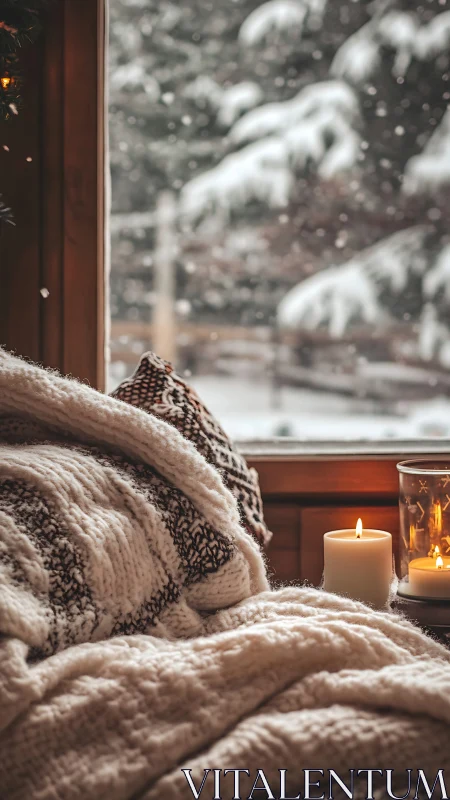 Cozy knit blankets and candles by snowy cabin window sill.