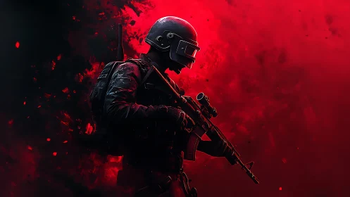 Midnight commando strides through burning crimson fog