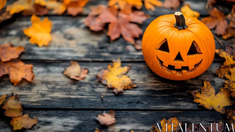 Jack o&rsquo; lantern grins across weathered boards and autumn leaves.