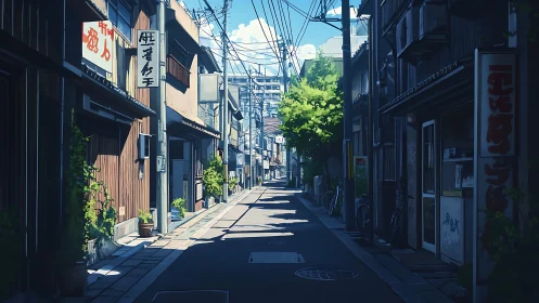 Sunlit alleyway siesta in a quiet anime-style backstreet.