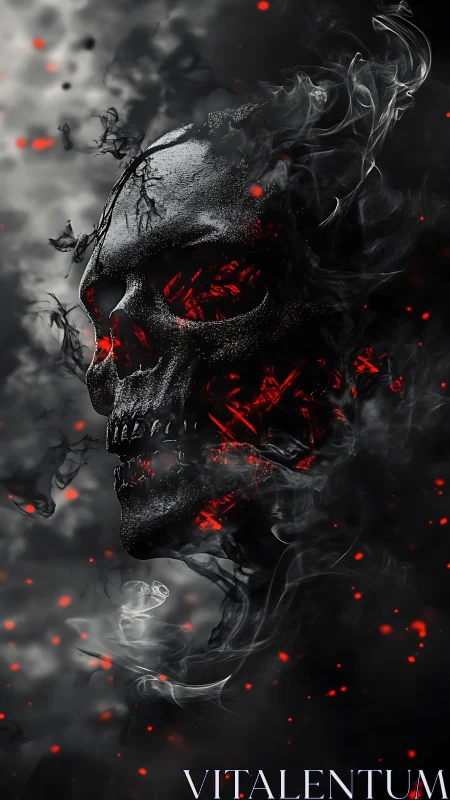 Skull emerges from black smoke with red embers glowing within