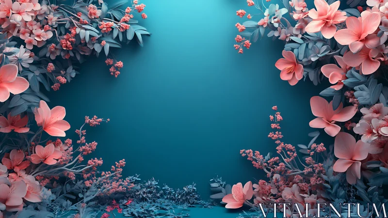 Coral Blooms Frame a Tranquil Turquoise Garden.
