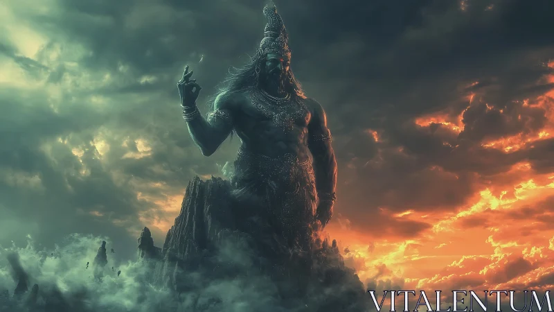 Colossal storm deity emerging from jagged volcanic peaks.