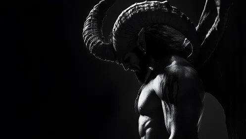 Horned winged demon profile in stark monochrome light.