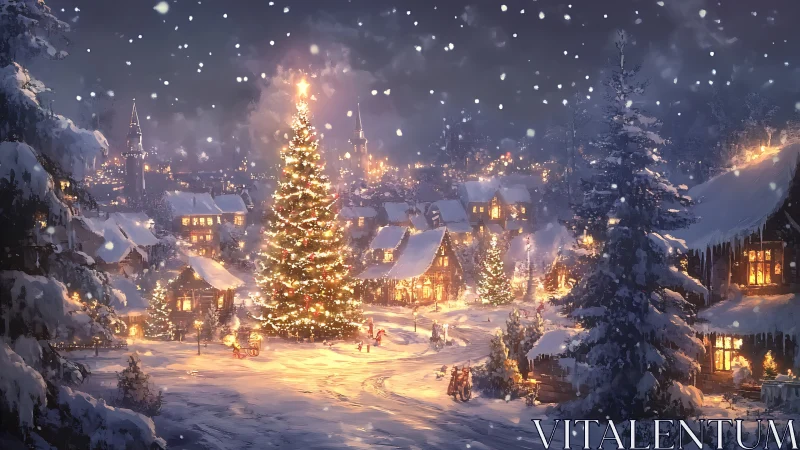 Snowy village square crowned by glowing Christmas tree.