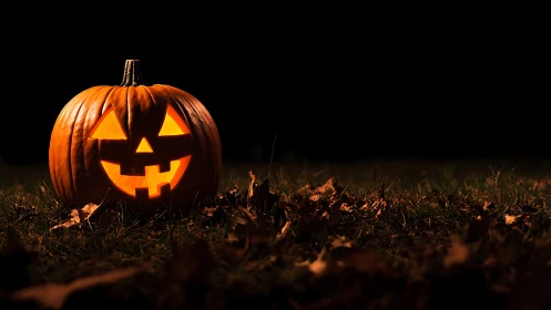 Illuminated carved pumpkin on grass in low light field.