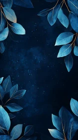 Blue botanical leaves form a decorative frame on dark space