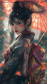 Storm-kissed geisha turns beneath an ember-splashed umbrella