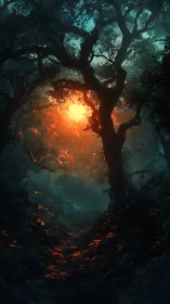 Sunlight penetrates dense forest canopy along shadowed path