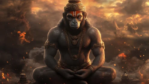 Divine simian guardian meditates within swirling fireclouds