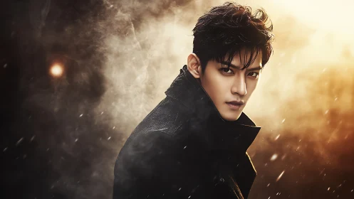 Stormlit portrait of brooding man in cinematic haze.