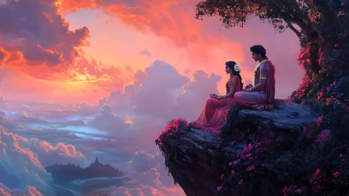 Two Figures on Rocky Outcrop Above Cloud Landscape