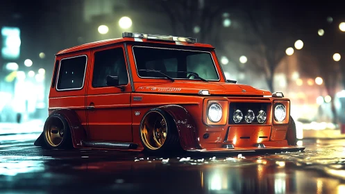 Low-slung neon city mini SUV prowling wet midnight streets.