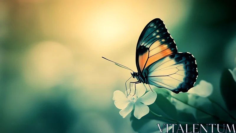 Butterfly rests on white blossom in dreamy morning light