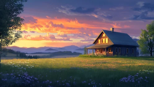 Sunlit country cottage under vivid mountain sunset sky.