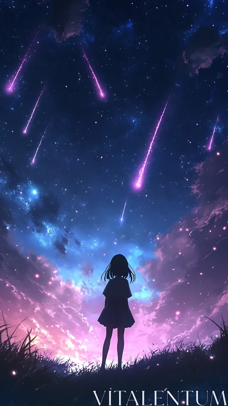 Stargazing girl beneath a violet comet-swept dream sky.