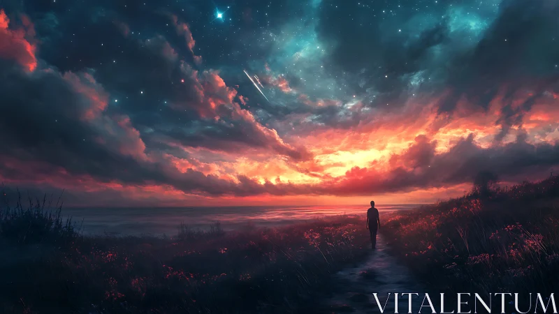 Solitary figure on coastal path beneath luminous nebular dusk