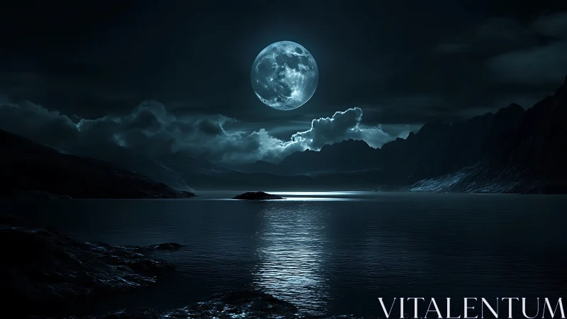 Lunar-illuminated mountain lake rendered in high-contrast digital realism
