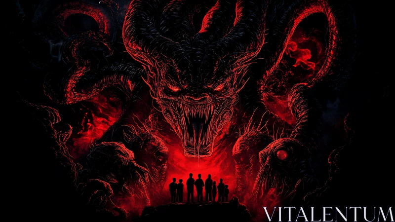 Colossal demonic beast towers over silhouetted human survivors