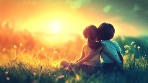 Mother and Child in Golden Meadow at Sunset.