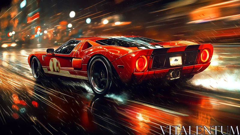 Red sports car on wet neon city street at speed.