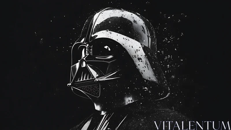 Dark sci fi helmet emerges from shattered monochrome shadows