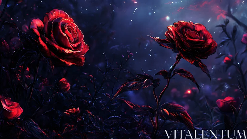 Red Roses in Dark Night Sky with Luminous Particle Effects