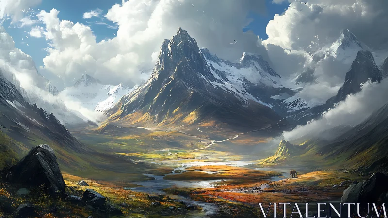 Digital painting of monumental alpine valley with dramatic light.