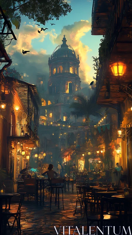Twilight terrace caf&eacute; beneath domed tower in misty old quarter