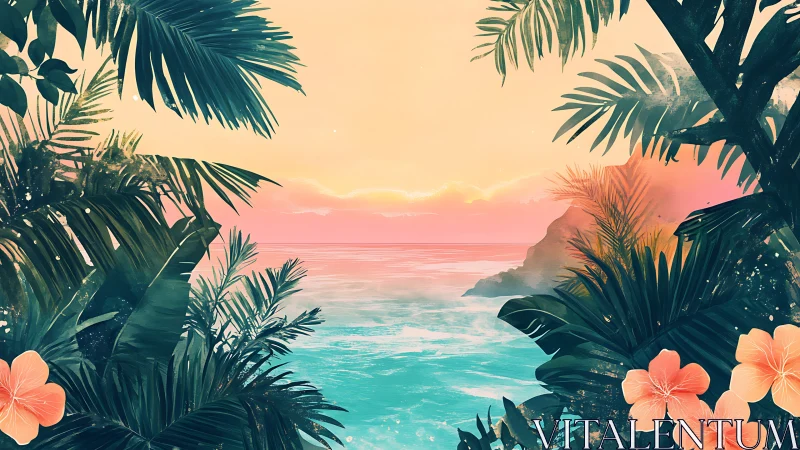 Tropical Cove at Sunset: Palm Framed Seascape.