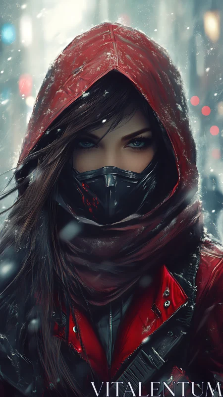 Hooded cyber vigilante in red amid snowfall.