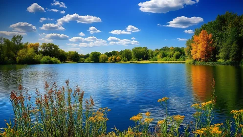Vibrant lakeside panorama under deep cobalt sky.
