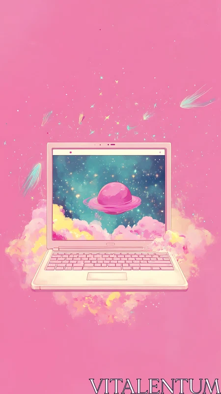 Cotton candy cosmos swirling from a pastel dream laptop.