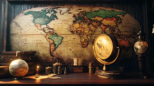 Cartographic study desk with illuminated vintage globes.