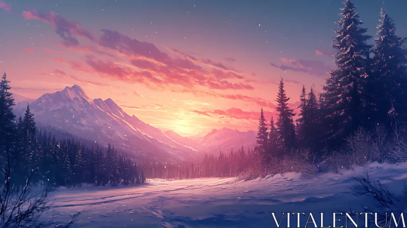 Alpenglow sunset illuminates snowbound conifer valley