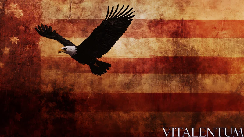Bald eagle silhouette over distressed US flag backdrop.