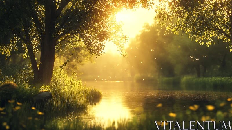 Sunlit riverside grove with golden atmospheric haze at dawn.