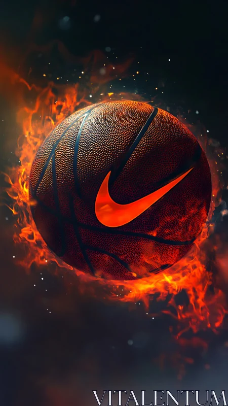 Fiery basketball with bold swoosh on dark background.