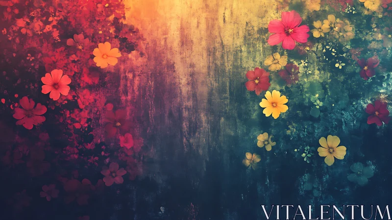 Gradient floral abstract with red and yellow blossoms on dark field.