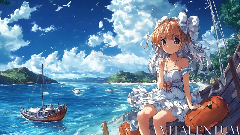 Coastal anime portrait with sailboat, cumulus sky, and luggage.