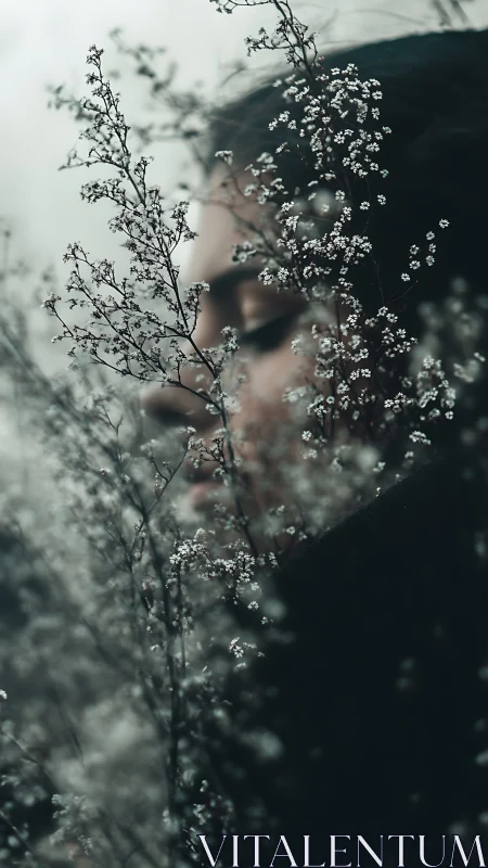 Portrait obscured by delicate foliage and defocused blooms.