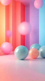 Playful pastel spheres drift gently through a colorful room