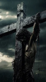 Crucified figure hangs on a weathered cross in driving rain