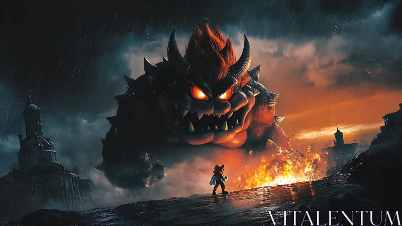 Volcanic showdown with colossal fiery monster in storm.