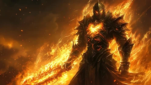 Infernal knight in obsidian armor wielding blazing longsword.