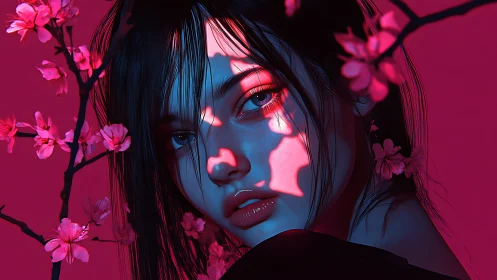 Neon-lit portrait merges blossom shadows and cyan gaze.